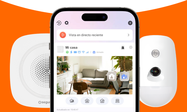 Segurma app mobile screenshot with security devices (alarm and camera)