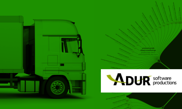 Side image of a truck - chart on the background and "Adur software productions" logo